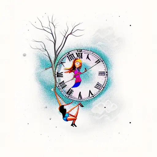 Girl Swinging On Tree Growing Through Clock