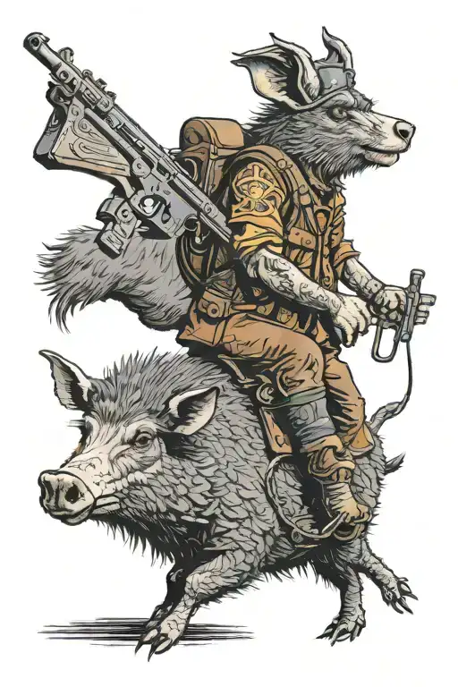 Curupira Riding Collared Peccary With A Crucifix And Gun