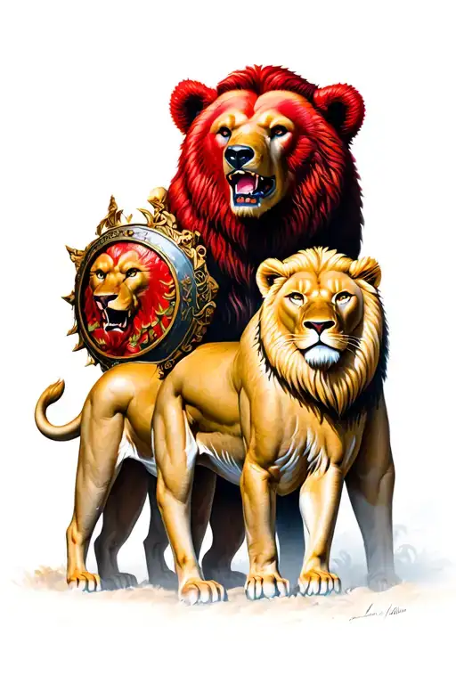 Red Bear Passant Between Two Lions On Shoulder Pouldron