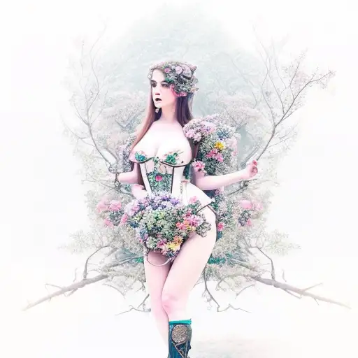 Sexy Full Body Girl In Victorian Armor With Flowers And Branches In The Background