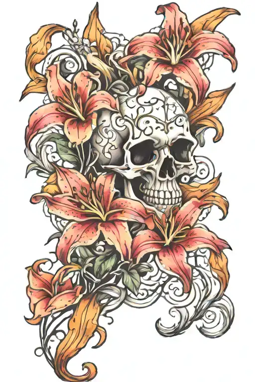 Arm Sleeve Tattoo With Star Gazer Lilies And Smokey Clouds With Vines And Skulls