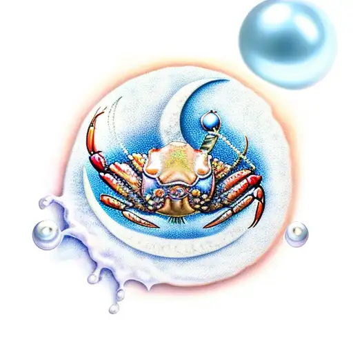 First Quarter Moon And Crab With Pearls And Water