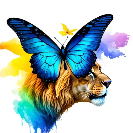 Lion Looking At A Butterfly Flying