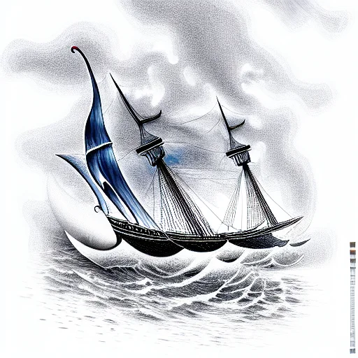 Man-of-war Ship In Dark Stormy Seas With Grim Reaper In The Water