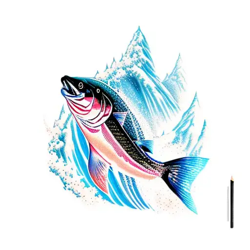 Jumping Salmon In Waterfall With Space And Geometric Background