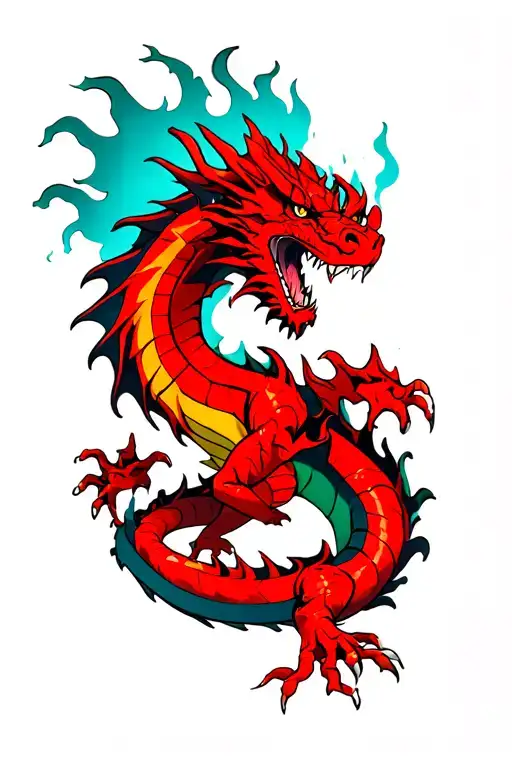 Full Body Red Dragon With Fire In The Background Symbolizing