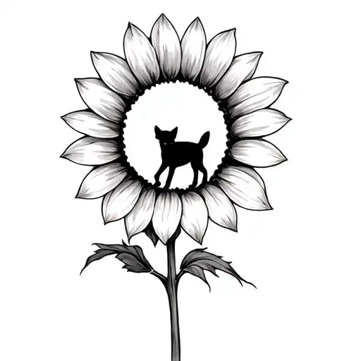 A Minimalist Sunflower With A Small Dog Silhouette Hidden In The Petals