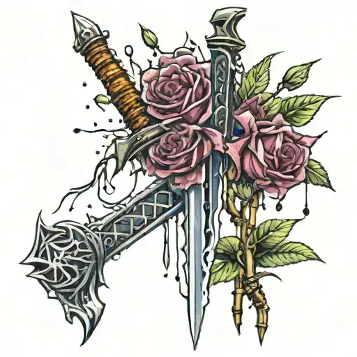 Arabic Sword With 4 Roses And Bamboo In Blood Dripping