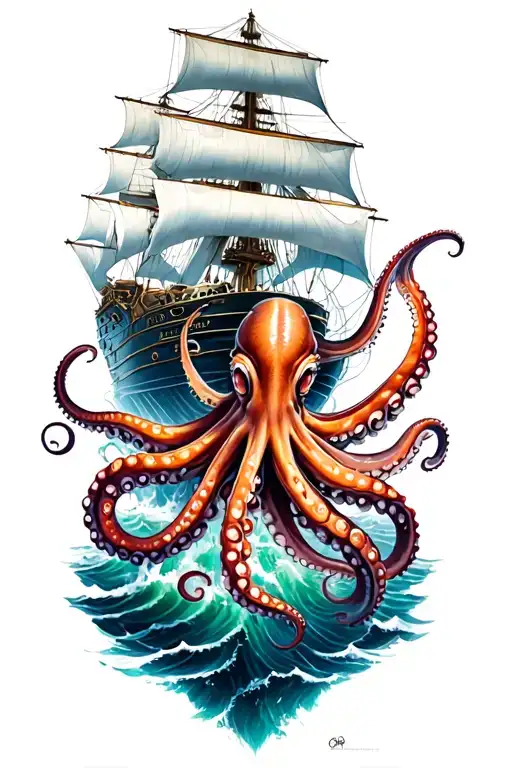 Octopus Under The Ship With Tentacles