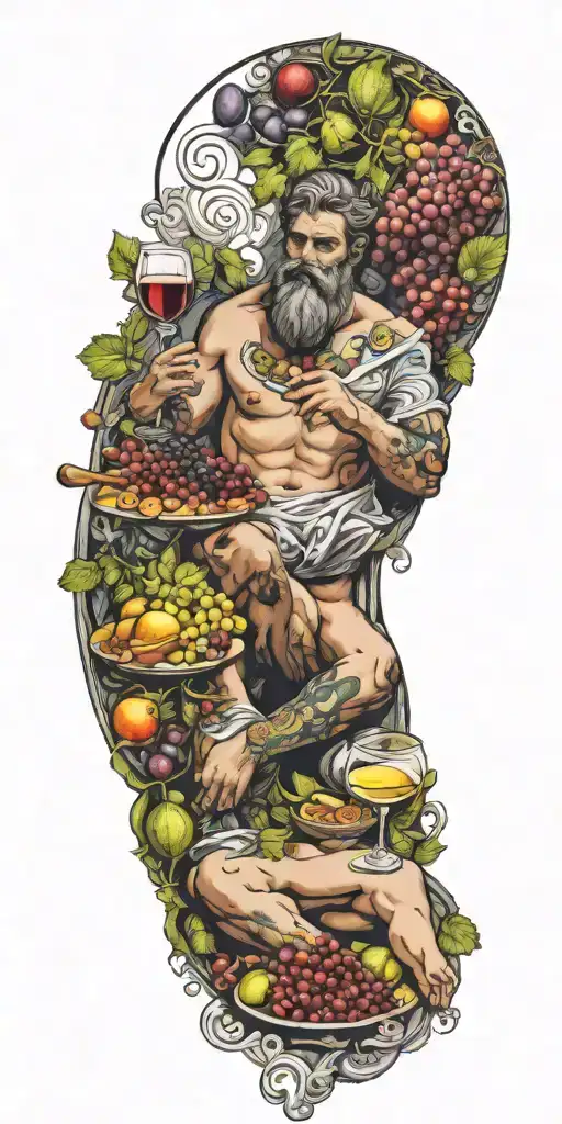 Nude Greek God Surrounded By Food And Wine With Elements Of Theatre And Homosexuality