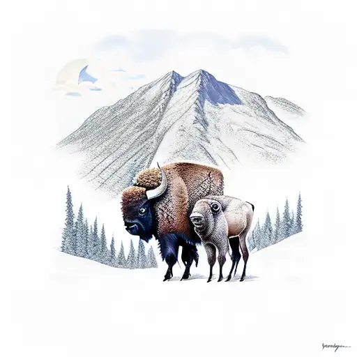 Two Adult Bison With A Baby Bison With A Mountain Background
