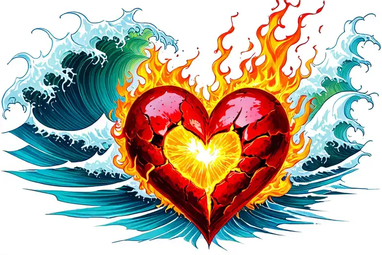 Broken Heart Fire And Waves Crashing