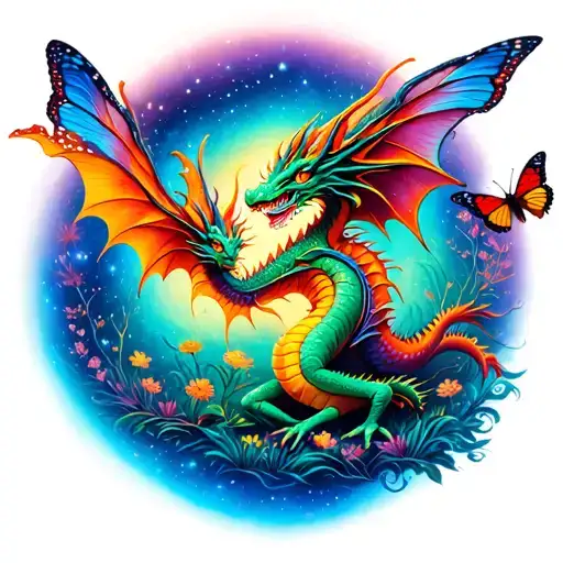 Dragons And Butterflies Doing A Psychedelic Dance In Nature And The Universe