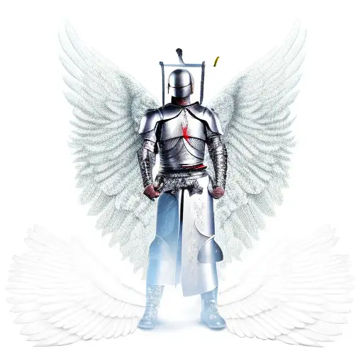 Someone In Armour Holding A Sword With A Half Angel's Wing And A Half Demon's Wing