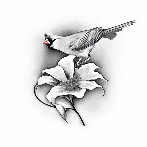 Cardinal Perched On Morning Glory