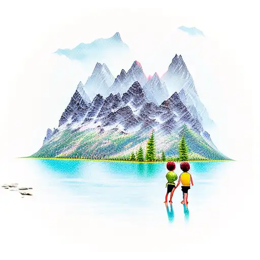 3 Kids At Lake With Mountains And Sunset