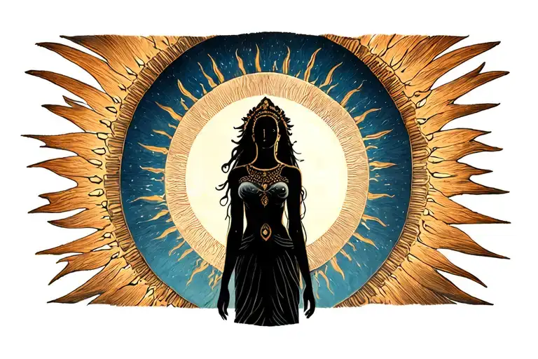 Half Sun In The Background With With A Silhouette Of A Goddess Facing The Front