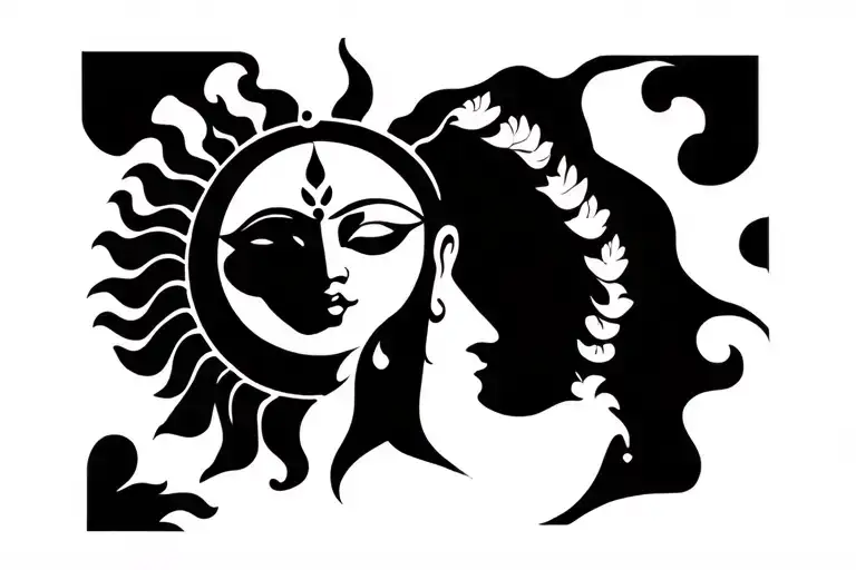 Half Sun In The Background With A Silhouette Of Devi Survachala Facing The Front