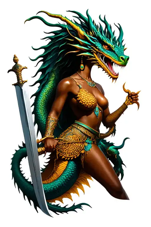Dragon Protecting African Woman Holding A Sword