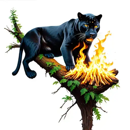 Black Panther Under Night Stars Lying On A Branch Watching Over Fire In The Jungle