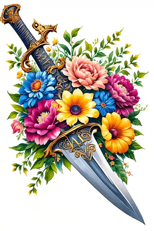 July August Birth Flowers Surrounding A Sword Intertwined