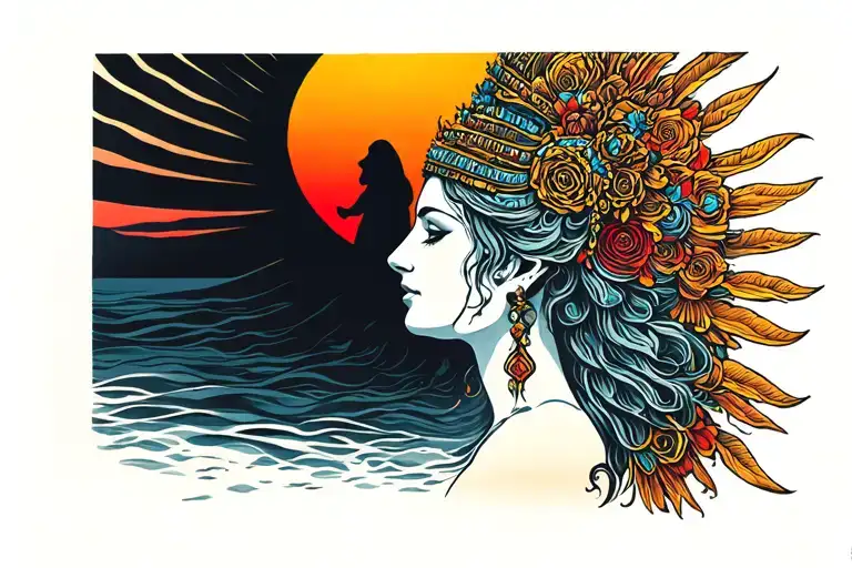 Half Sun In The Background With With A Silhouette Of A Goddess Tattoo