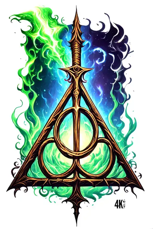 Deathly Hallows Symbol With Elder Wand Green Magic Beam