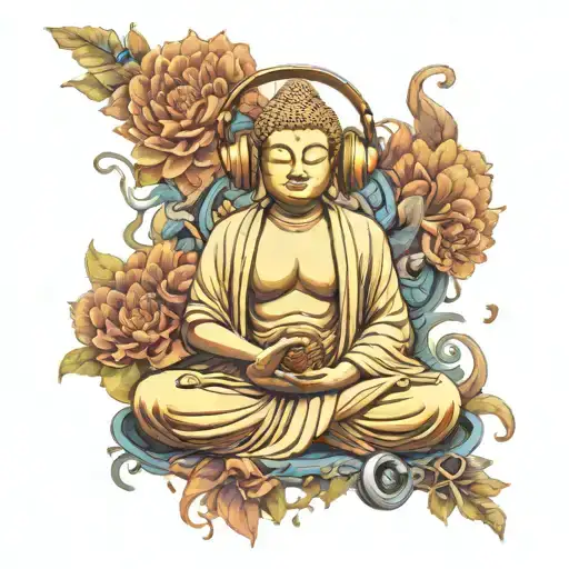 Buddha Meditating Figure Surrounded Wearing Headphones Listening To Music