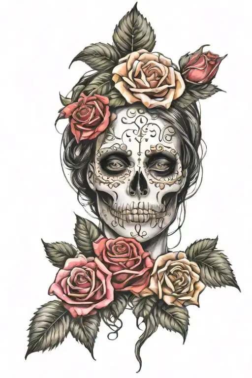 Skull W Roses And Girl