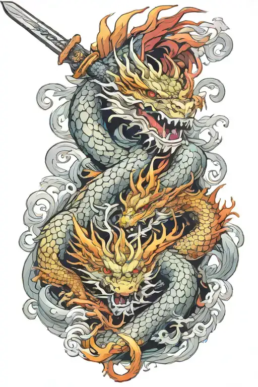 Japanese Dragons With A Sword In The Middle