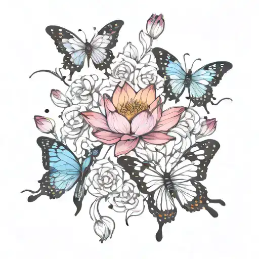 Lotus Flowers Large Butterflies Flying