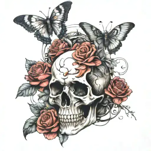Skull And Moth And Roses Intertwined