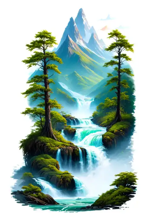 Mountains And Waterfall Surrounded By Lush Greenery