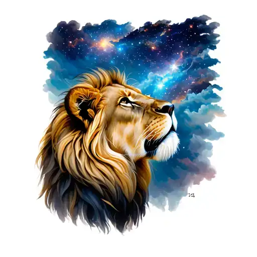 Lion Looking Up In The Sky Filled With Stars