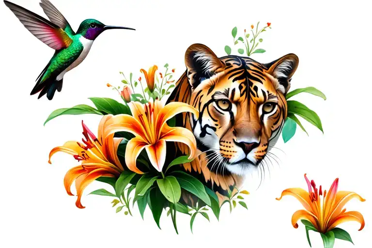 Hummingbird And Mountain-lion Surrounded By Tiger-lily Plants