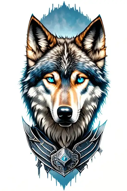Wolf With Blue Eyes Looking Up On Armor Tattoo Design Featuring Goth