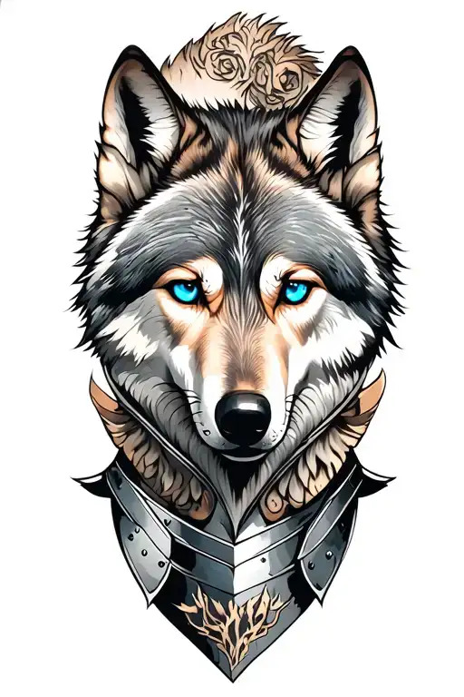 Wolf With Blue Eyes Looking Up On Armor Tattoo Design Featuring Goth