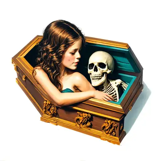 The Girl Hugs The Skeleton In The Coffin