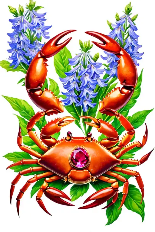Cancer Crab Star Sign With A Ruby Birth Stone And A Larkspur Flower