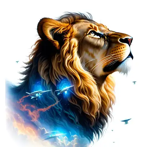 Lion Looking Up In The Sky Filled With Aliens