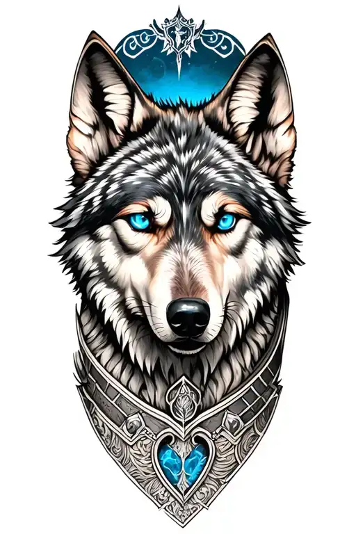 Wolf With Blue Eyes Looking Up On Armor Tattoo Design Featuring Goth