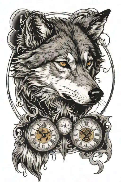 Wolf Head And Clock Face And Moon