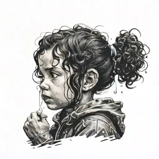 Little Girl Curly Black Hair In Rain