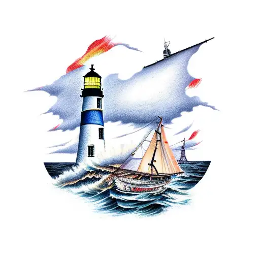 Lighthouse Stormy Condition With Old Sail Boat