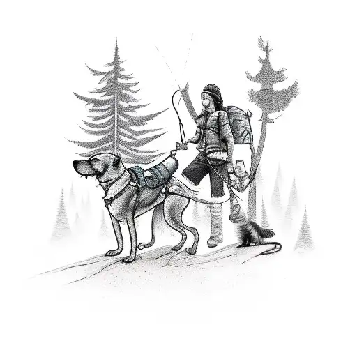 A Sketch-style Tattoo Of A Hiker And Their Loyal Dog Exploring A Tim Burton-esque Forest