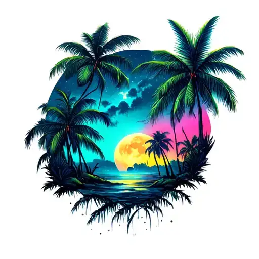 Jungle Against The Background Of Neon Sky And Moon