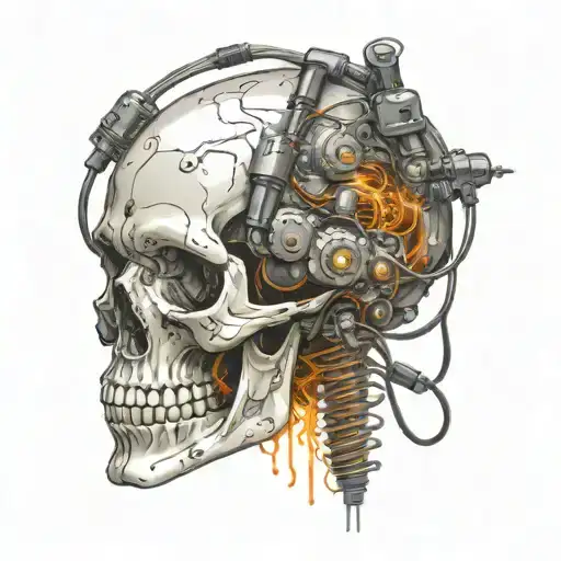 Robotic Skull With Wires Hanging And Black Smoke Coming Off The Skull