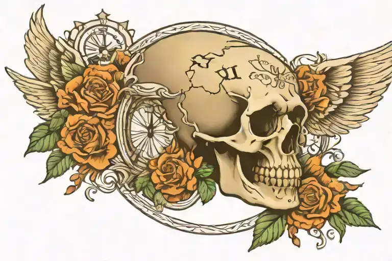 Skull With Roman Numeral Clock And Words Momento Mori