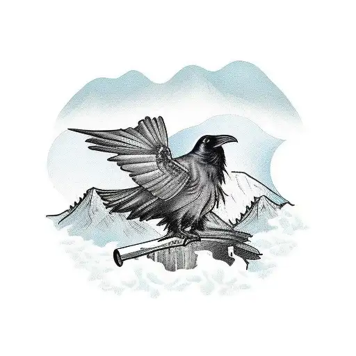 A Raven Perched On A Camping Tent With Mountains In The Background