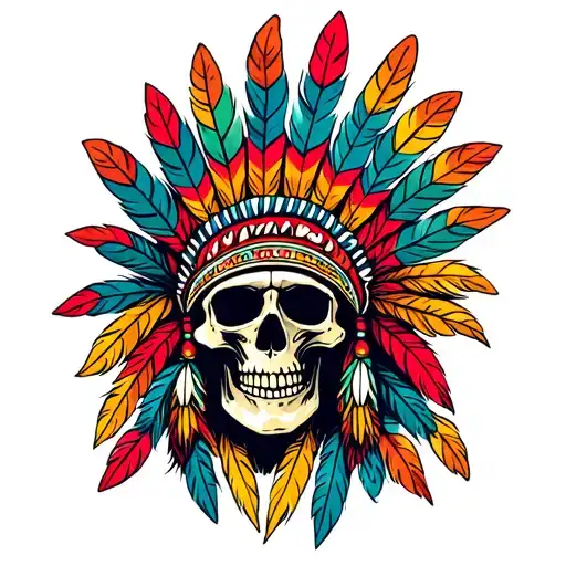 Traditional Native Indian Skull With Colourful Feathered Headdress